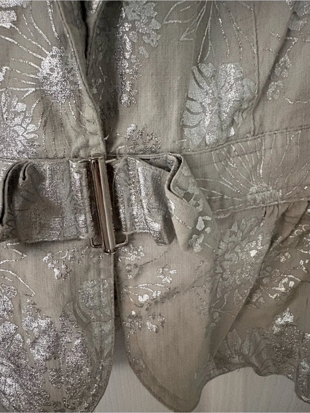 Silver Floral Brocade Peplum Blazer Belted Puff Sleeve Y2K Size S